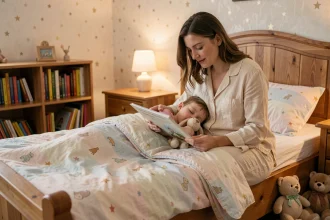 Mère lisant une histoire à son enfant endormi lors du rituel du soir au coucher