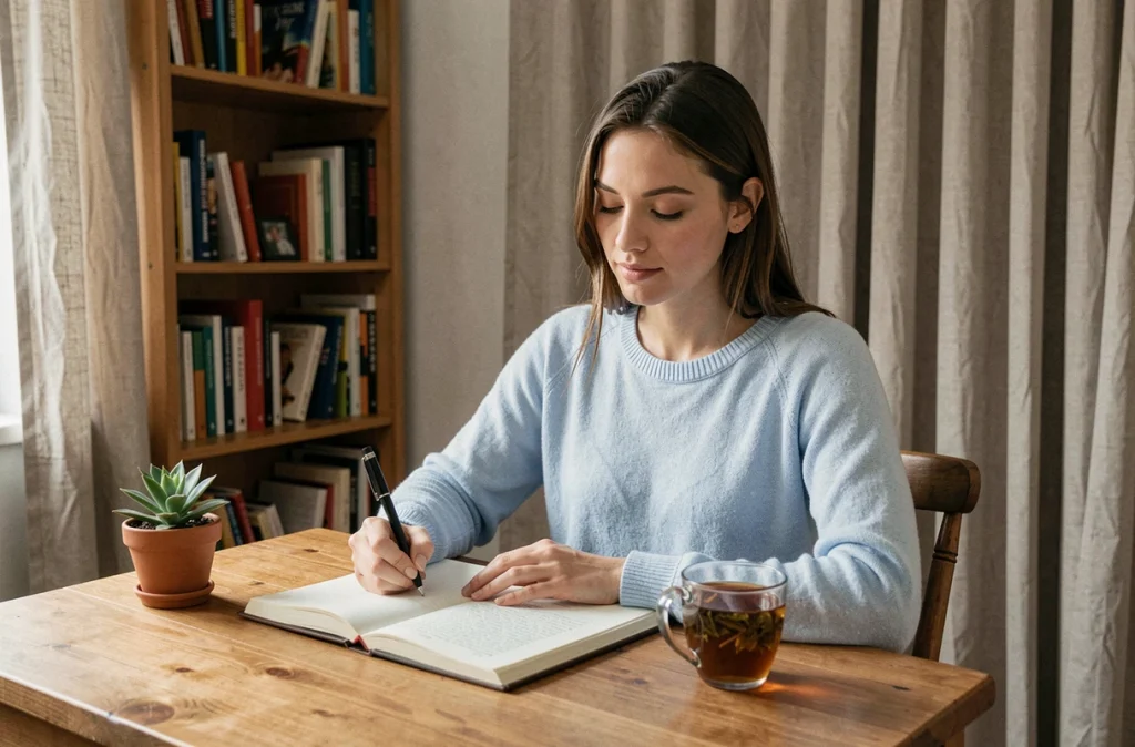 Jeune femme écrivant dans un journal le soir avant de dormir, illustrant une routine de sommeil saine pour réguler les hormones
