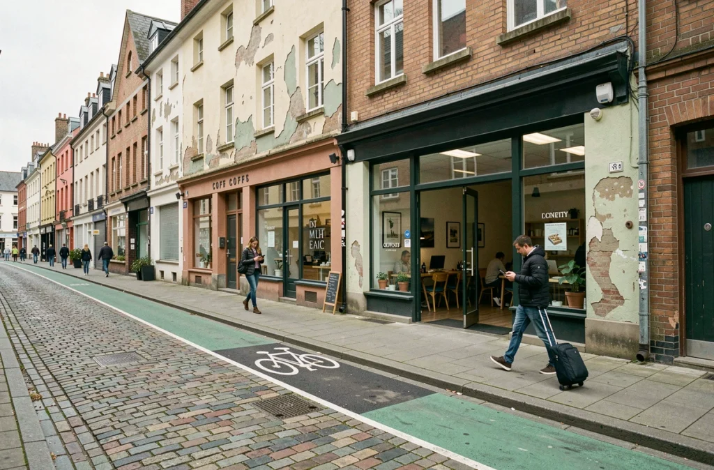Rue d'un quartier en transition urbaine avec immeubles rénovés et anciens bâtiments côte à côte