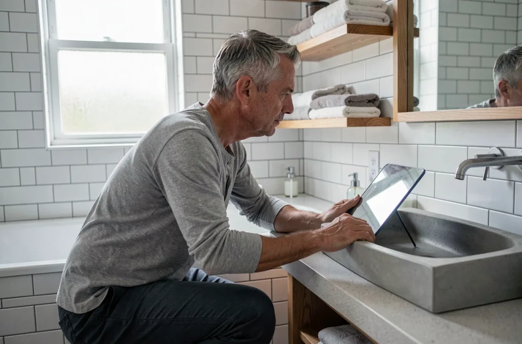 Homme utilisant un miroir d'appoint dans une salle de bain pour rediriger et optimiser la lumière naturelle