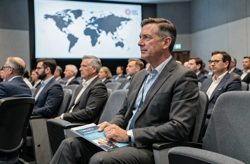 Juriste professionnel attentif lors d'une session plénière du congrès international UINL à Paris