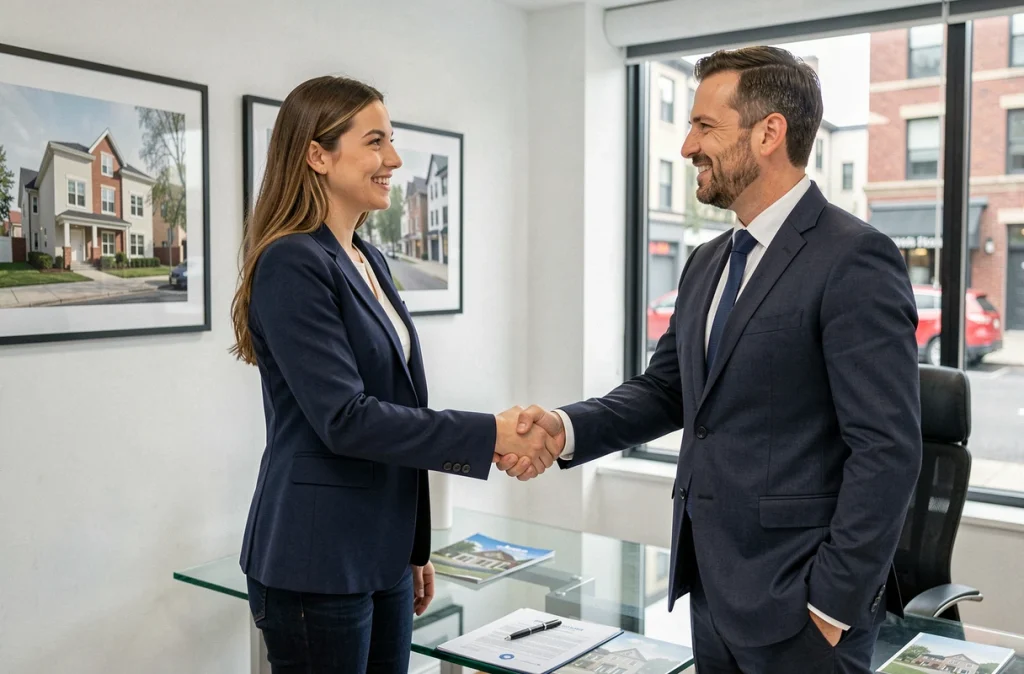 Jeune femme signant un accord avec un agent immobilier lors d'un premier achat de logement