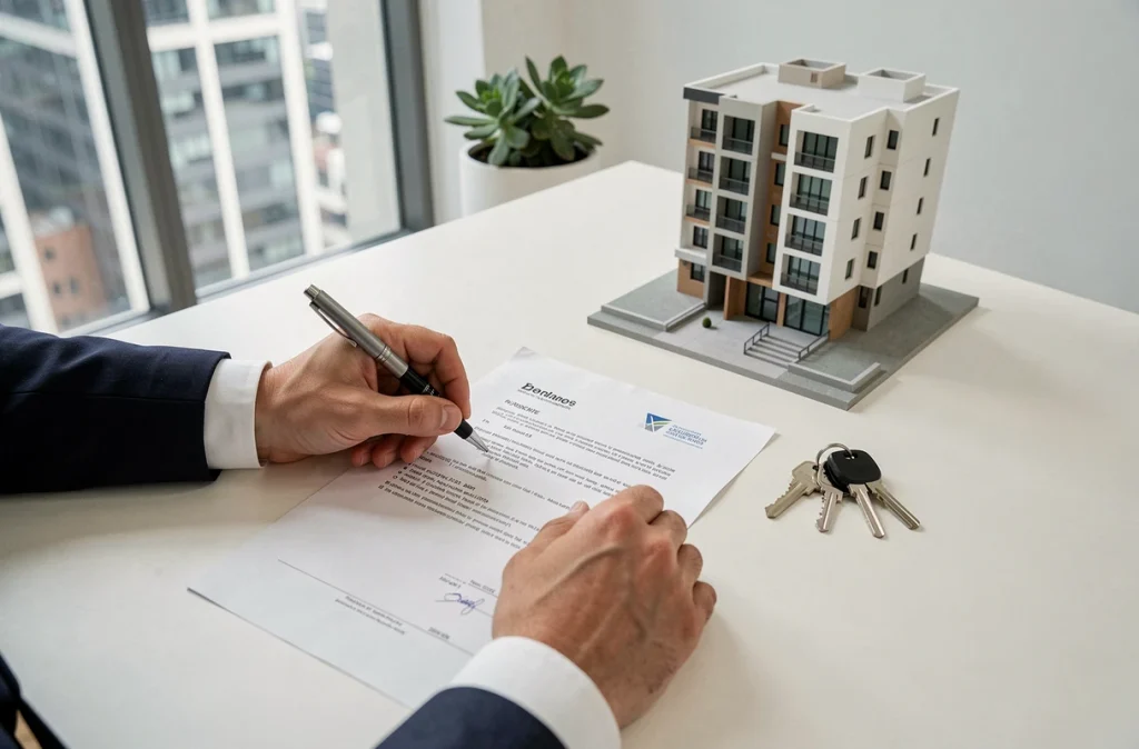 Signature d'un contrat d'achat immobilier neuf avec maquette de résidence urbaine sur un bureau