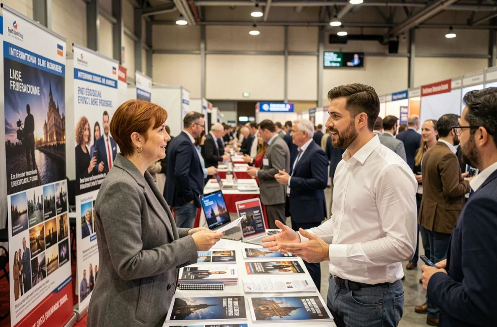 Stand d'un studio de production français dans un marché international du film avec des professionnels présentant leurs projets à des acheteurs étrangers