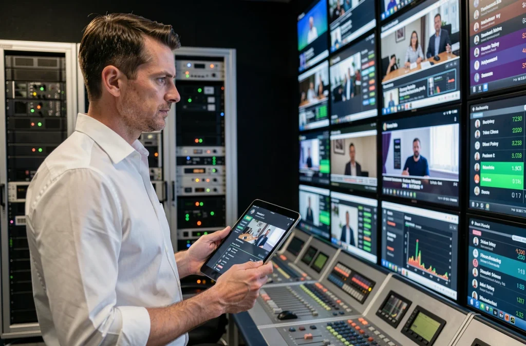 Stratège en contenu audiovisuel dans une salle de contrôle broadcast analysant les métriques de diffusion en ligne