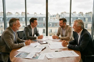 Professionnels d'un studio de production français en réunion internationale autour d'une table de conférence couverte de scénarios et contrats de co-production