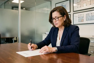 Syndic de copropriété professionnelle révisant des documents de gestion dans un bureau immobilier moderne