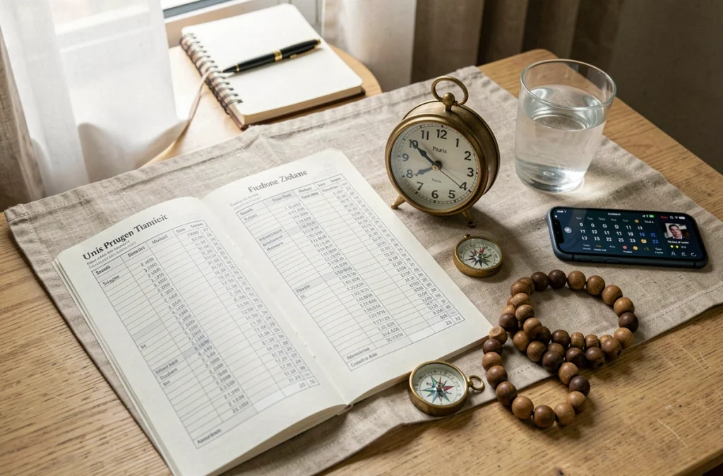 Tableau des heures de prière islamique Paris 19 avec horloge analogique, calendrier hijri et boussole sur une table