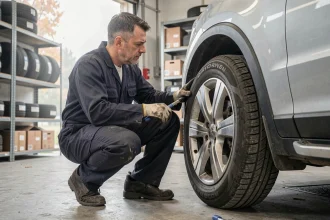 Technicien automobile examinant un pneu quatre saisons sur un SUV dans un garage français