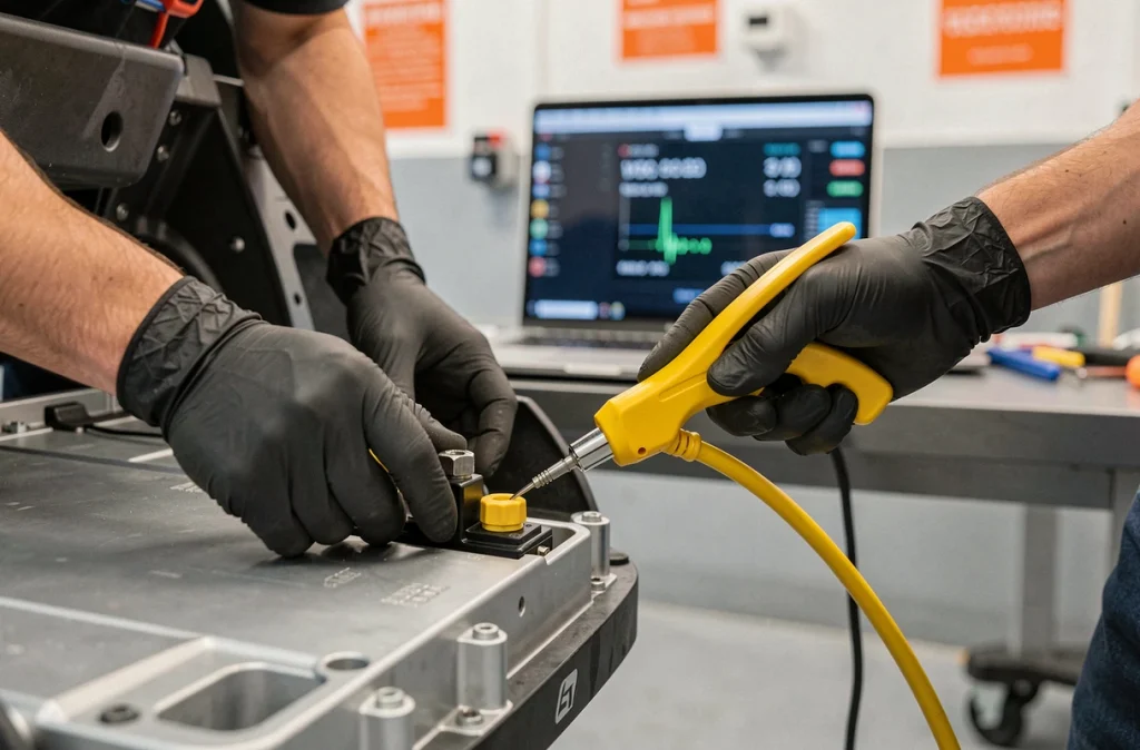 Gros plan sur les mains d'un technicien testant le système de batterie haute tension d'un véhicule électrique lors du contrôle technique