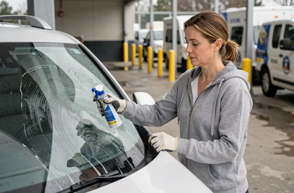 Femme appliquant un produit de traitement sur le pare-brise d'un SUV dans une station de lavage