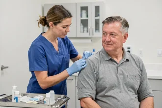 Infirmière administrant un vaccin saisonnier à un patient adulte dans une clinique médicale moderne