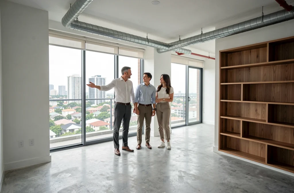 Agent immobilier présentant un appartement neuf à un couple dans un immeuble urbain moderne