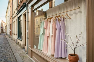 Vitrine de boutique habillée de vêtements pastel mint, rose et lavande au printemps dans une rue pavée européenne