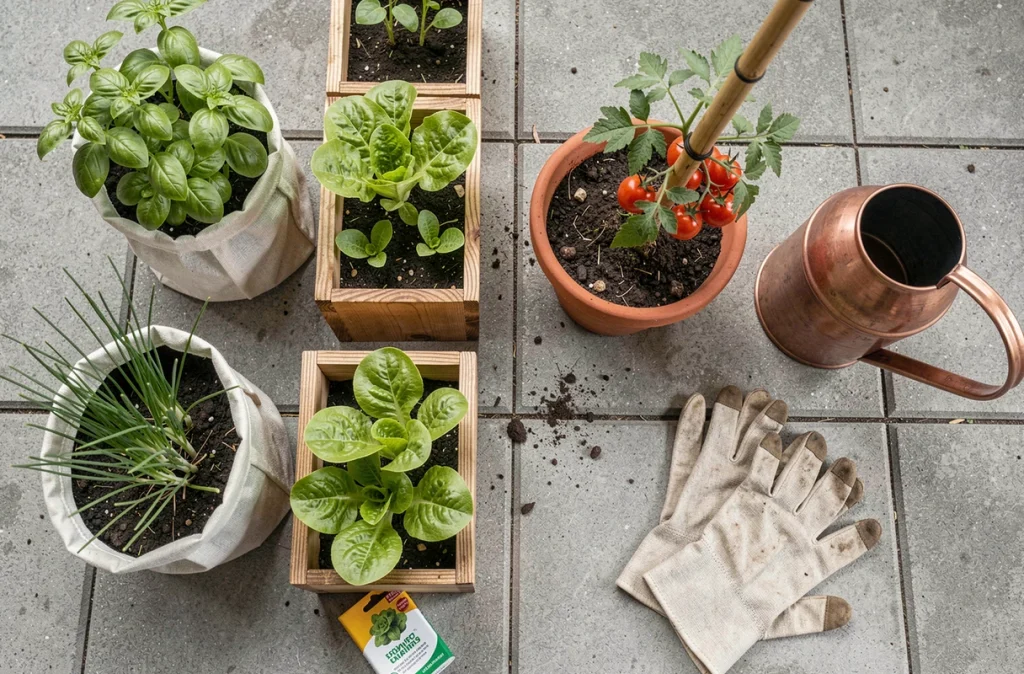 Vue aérienne d'un potager de balcon organisé avec des bacs à légumes, des herbes aromatiques et des accessoires de jardinage en ville