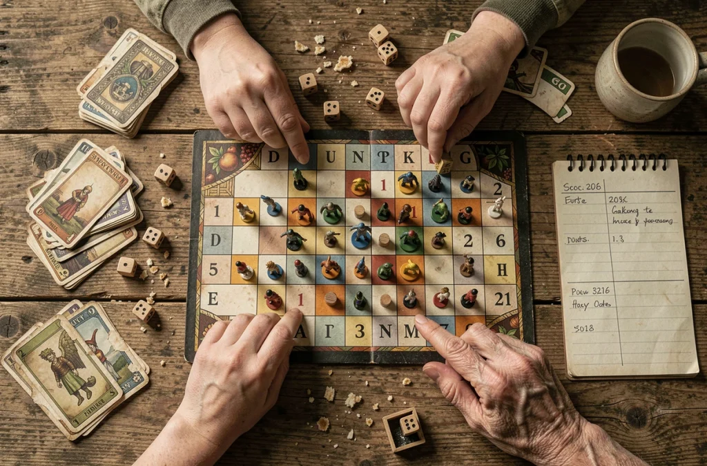Vue de dessus d'un jeu de société en cours avec les mains de plusieurs générations autour du plateau de jeu