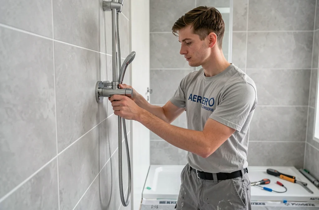 Plombier Aer'O Plomberie en installation d'un système de douche thermostatique dans une salle de bain neuve dans le Doubs