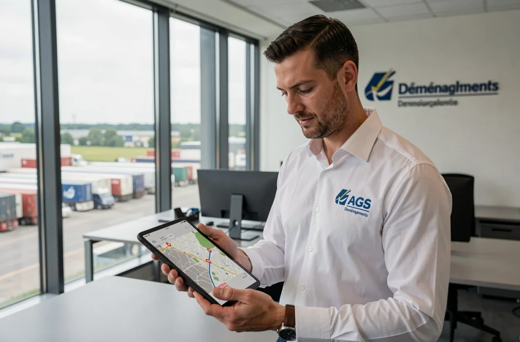 Spécialiste en déménagement international AGS dans le bureau de l'antenne Nord consultant une tablette
