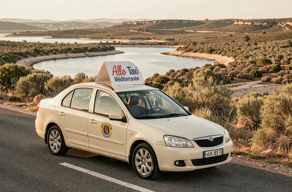 Taxi crème Allo Taxi Méditerranée stationné au bord d'une route côtière avec vue sur l'étang de Thau