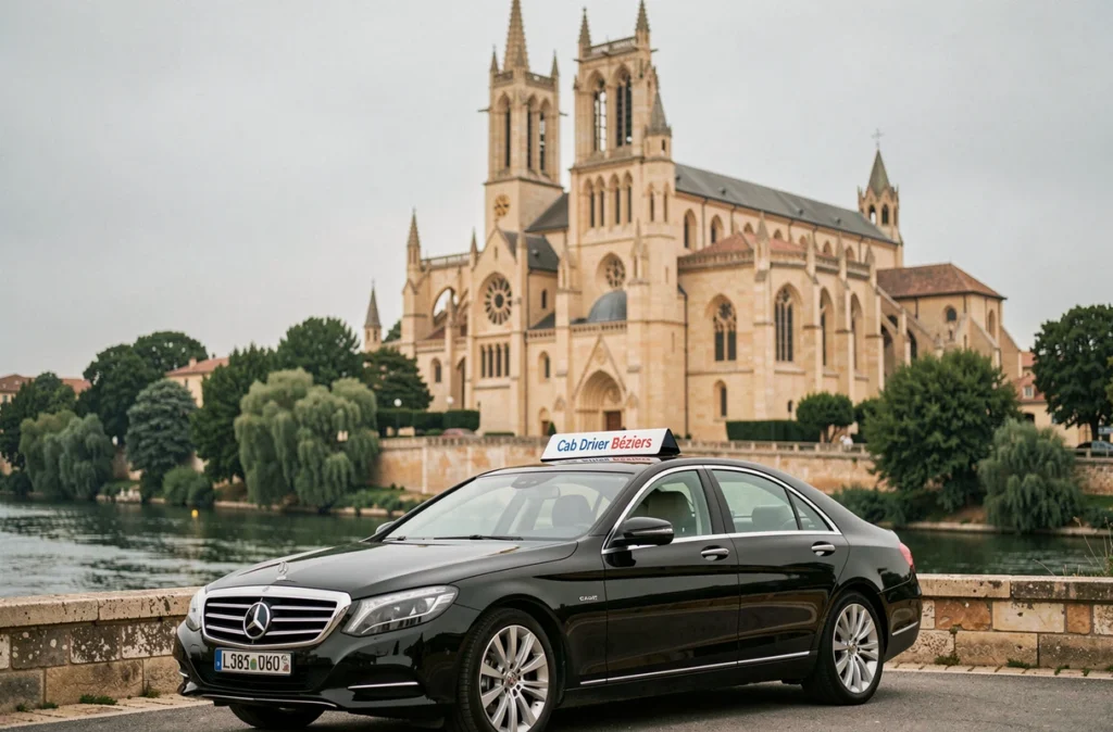 Berline noire Cab Driver Béziers garée devant la cathédrale Saint-Nazaire avec vue sur la falaise au-dessus de l'Orb