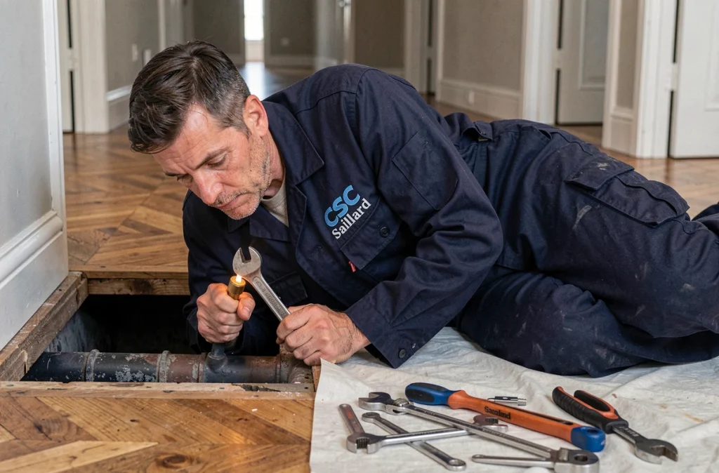Technicien CSC Saillard en intervention sous un plancher pour réparation de canalisation dans une maison du Doubs