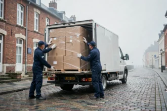 Équipe de déménageurs professionnels chargeant un camion de déménagement dans une rue pavée de Calais