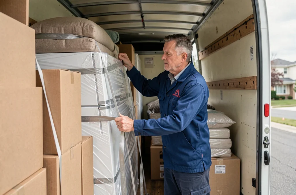 Déménageur Carpentier sécurisant un réfrigérateur emballé dans le chargement d'un camion de déménagement