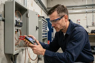 Électricien inspectant un tableau électrique avec un multimètre numérique pour convertir watts et ampères selon la tension du circuit