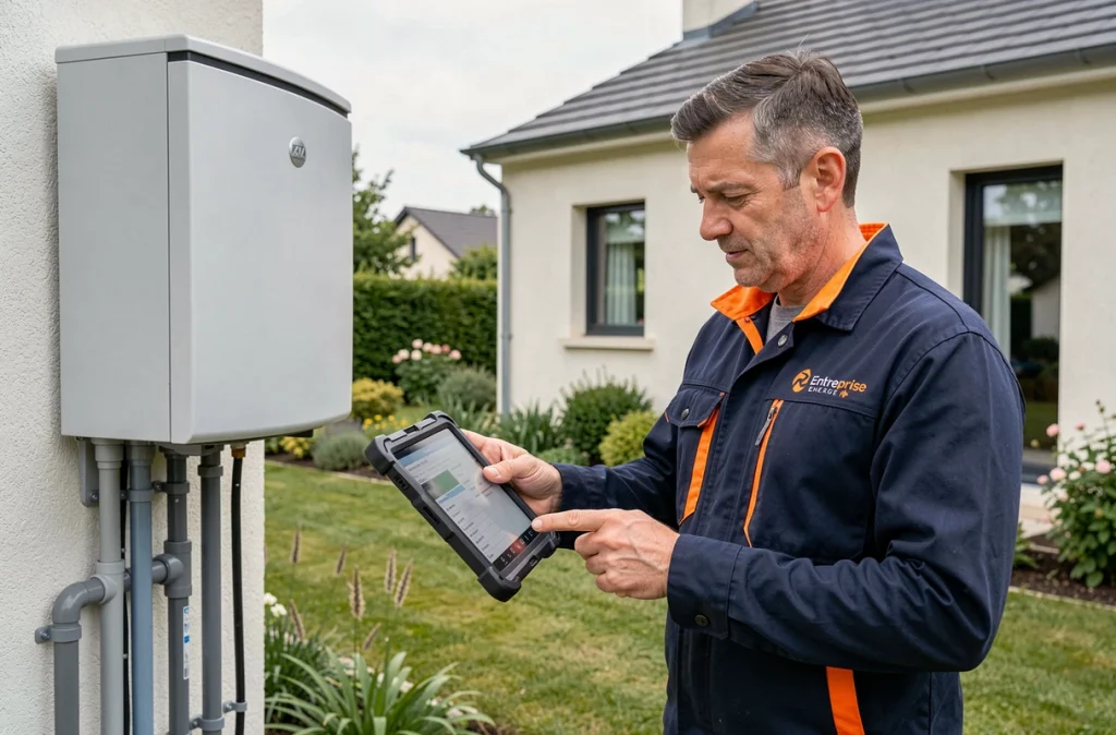 Technicien Entreprise Comte Énergie lors de l'installation d'une pompe à chaleur dans un pavillon du Doubs