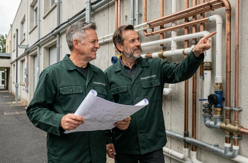 Deux techniciens de l'Entreprise Comte en intervention sur un réseau de tuyauterie dans un bâtiment commercial du Doubs