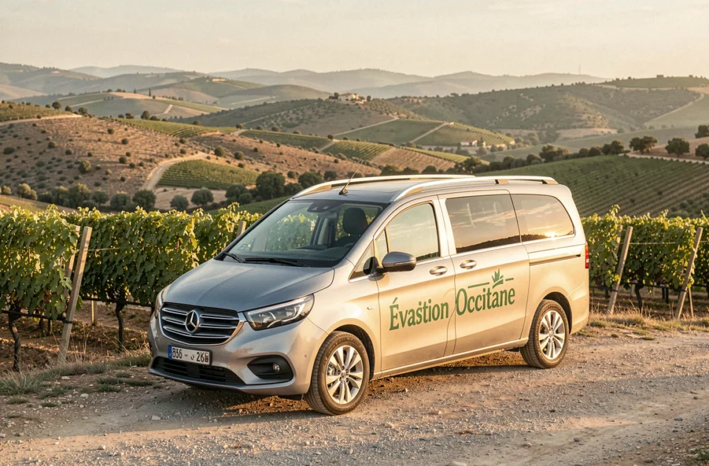Minivan taxi Évasion Occitane garé à un belvédère avec vue panoramique sur les vignobles et la garrigue occitane