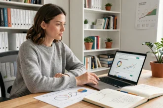 Femme consultant un blog sur l'énergie avec des outils et ressources pratiques sur son bureau à domicile