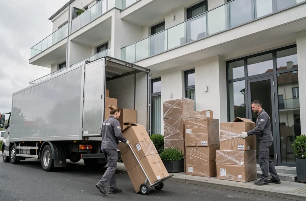 Équipe Hexvia déchargeant des meubles et des cartons devant un immeuble résidentiel moderne dans le Nord de la France