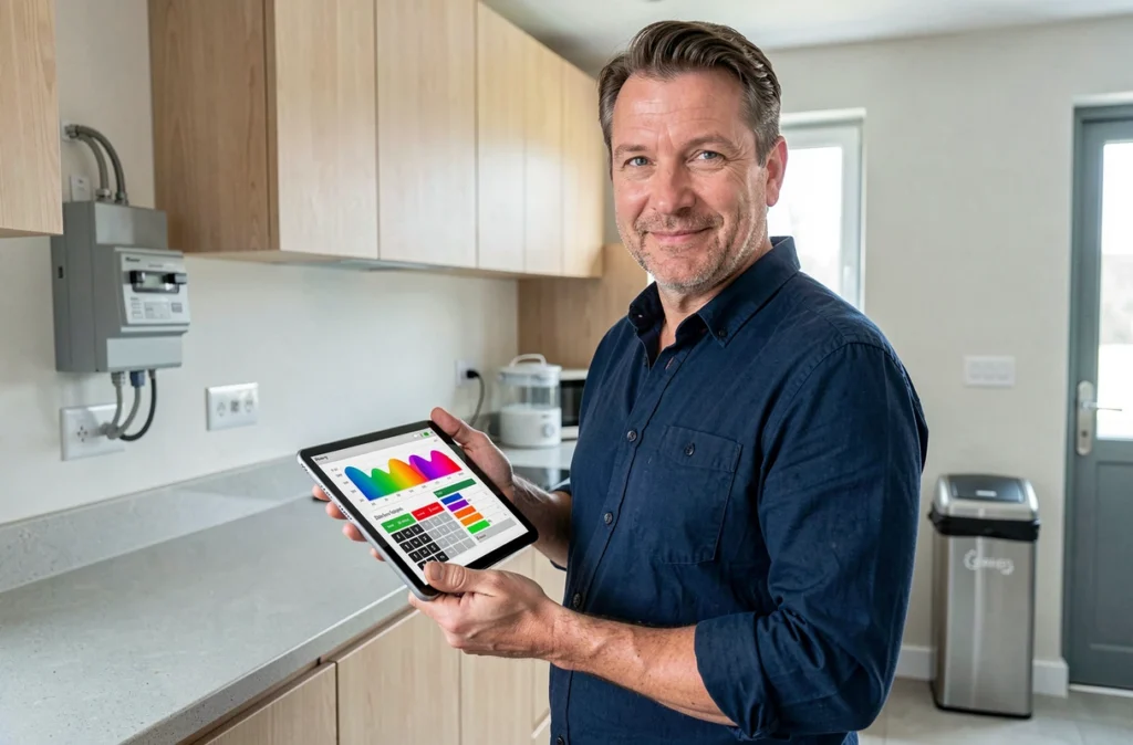 Homme utilisant une tablette pour consulter des outils de calcul énergétique dans une cuisine moderne