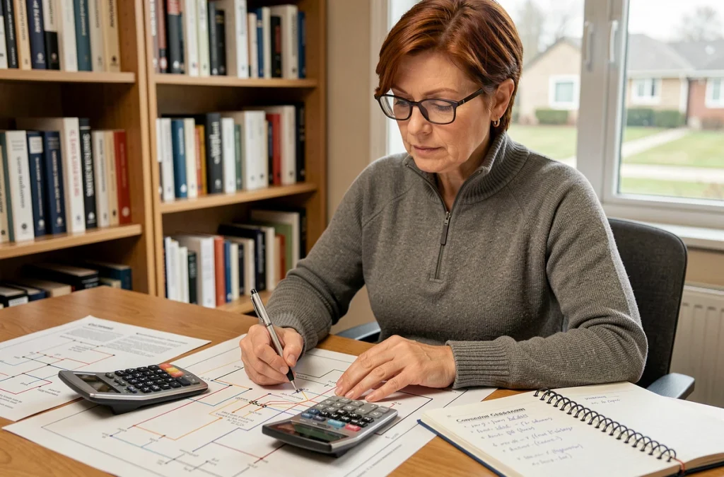 Femme ingénieure calculant la conversion watts ampères et tension électrique à son bureau avec des schémas et une calculatrice