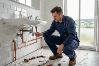 Plombier professionnel au travail dans une salle de bain moderne dans le Doubs, illustrant le classement des meilleurs plombiers de la région en 2026
