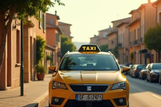 Un taxi moderne stationné sur un boulevard ensoleillé de l'Hérault, avec l'architecture méditerranéenne typique en arrière-plan