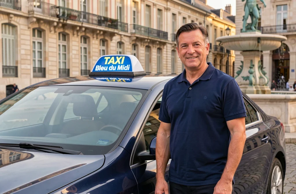 Chauffeur de taxi en polo bleu marine debout près de son véhicule bleu avec l'enseigne Taxi Bleu du Midi à Montpellier