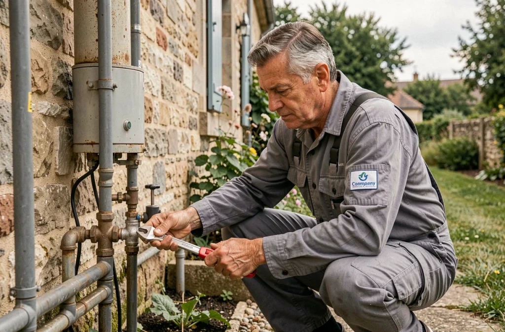 Éric Pollonghini, plombier, en intervention sur une chaudière extérieure d'une maison en pierre dans le Doubs