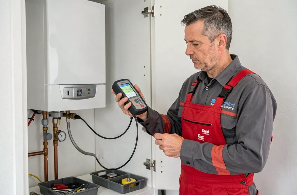 Technicien Sani Confort Gaz Maintenance en révision annuelle d'une chaudière à gaz dans un appartement du Doubs