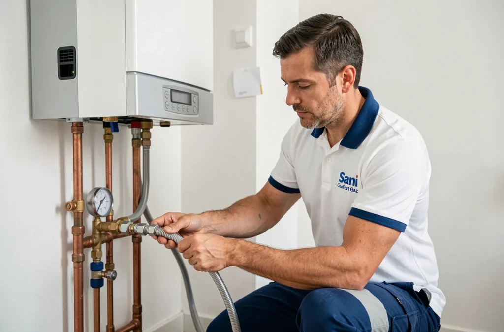 Technicien Sani Confort Gaz en installation d'une chaudière à gaz dans une buanderie résidentielle dans le Doubs