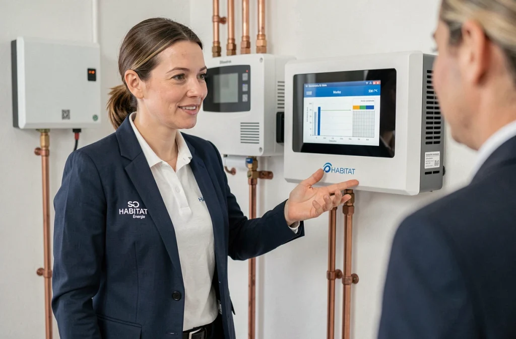 Conseillère SO HABITAT Énergie présentant un système solaire thermique à un client dans une maison du Doubs