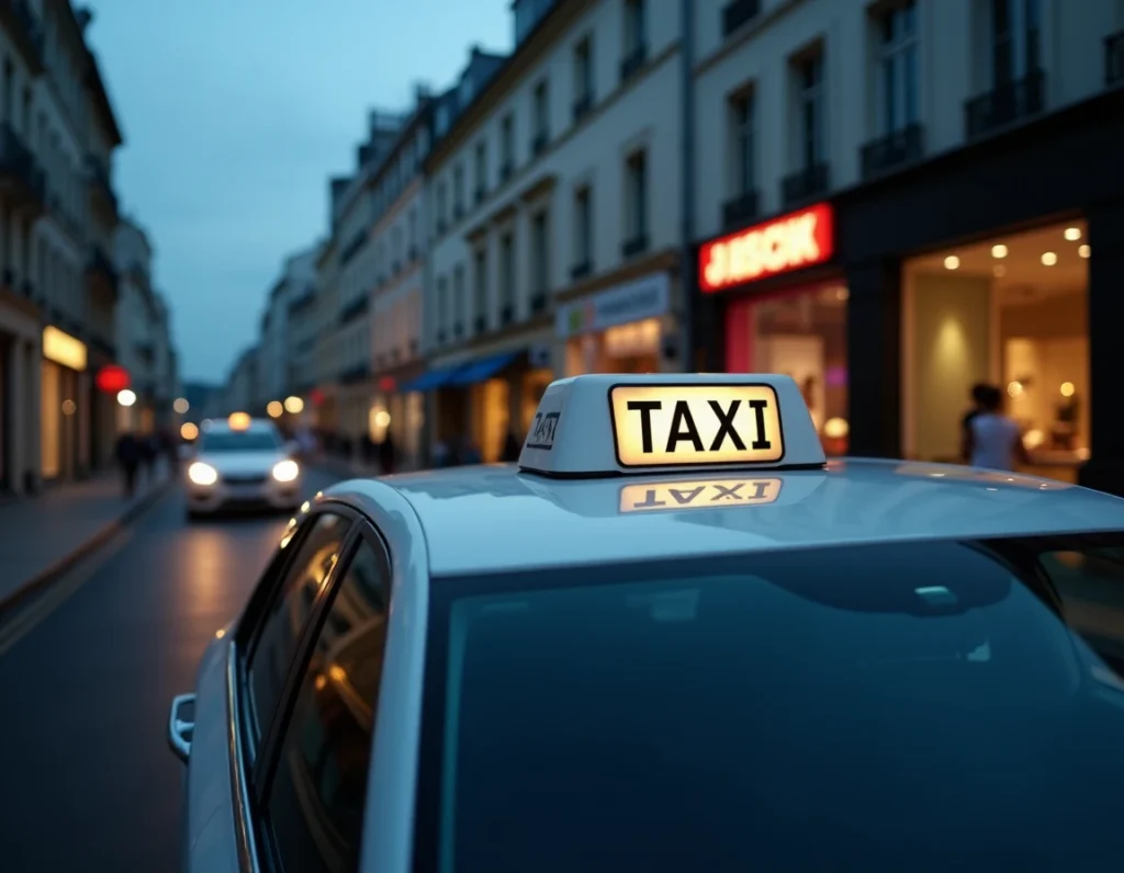 Taxi blanc avec enseigne Taxi Montpellier 24/7 photographié au crépuscule dans une rue calme du centre-ville
