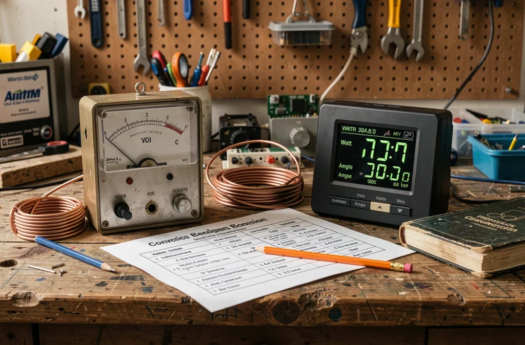 Voltmètre analogique et moniteur d'énergie numérique affichant watts et ampères sur un établi d'atelier électronique avec tableau de conversion de tension