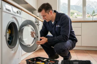 Technicien en dépannage électroménager inspectant une machine à laver dans une cuisine moderne en Auvergne-Rhône-Alpes